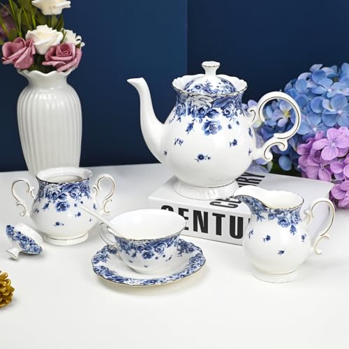 Bone China Tea Set for Adults, 13-Piece Blue and White Porcelain Tea Set for 4, Vintage Floral Tea Set With Teapot and Teaspoons, Tea Party Sets for Women Gift (Blue C) - color: Blue C