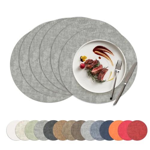 Placemats Set of 6, 15 Inch Round Faux Leather Place Mats - color: R-grey