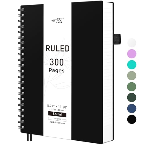 RETTACY Spiral College Ruled Notebook, 300 Pages, A4 Size (8.2" x 11.2") - color: Black, size: 8.2" x 11.2"