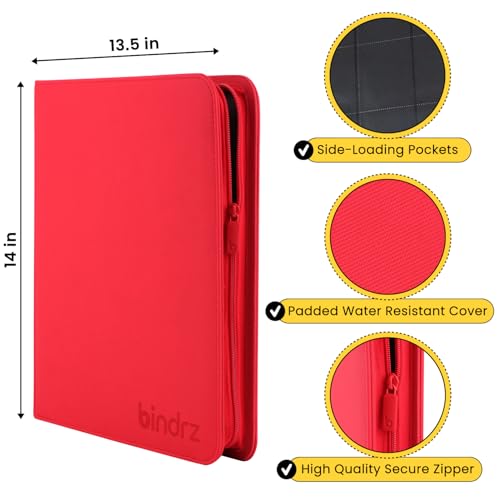 bindrz 12 Pocket Zipper Binder for 480 Sleeved Trading Cards (Red) - color: Red
