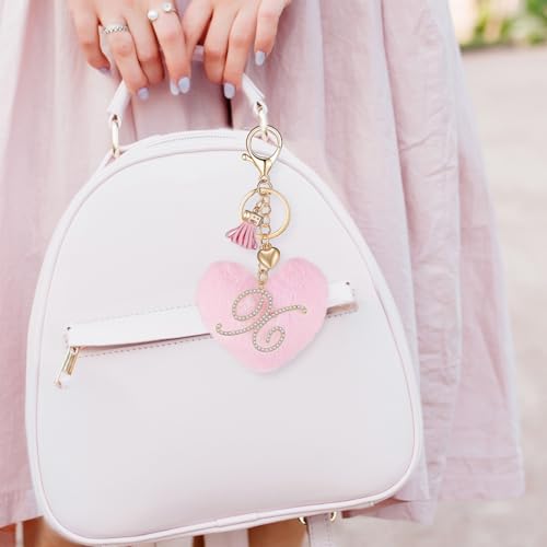 Initial Letter Heart Pom Pom Keychain for Women Pink Soft Fluffy Ball Key Ring for Purse Backpack Handbag - color: X