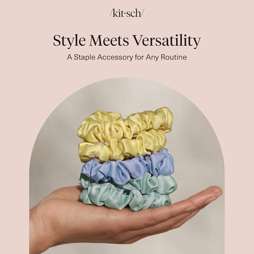 Kitsch Rosette Ruched Satin Scrunchies for Women - Multi-color, 5pcs - color: Pastel Yellow/Blue/Green