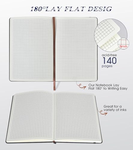 Biuwory A5 Hardcover Graph Paper Notebook, Grid Leather Journal for Writing - color: Black, size: Squared-140 Pages (5.7"×8.3")