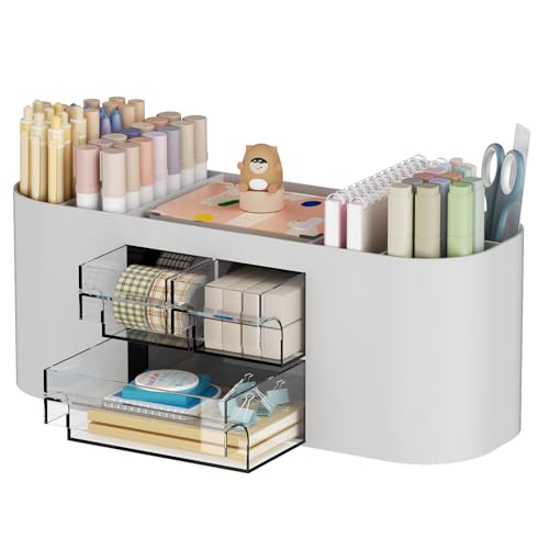 Marbrasse Desk Organizer Pen Holder for Desk with 3 Drawers, Multi-Functional Pencil Holder, Desk Organizers and Accessories with 7 Compartments for Home, School, Classroom(Grey) - color: Grey
