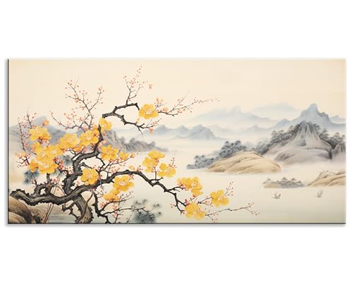 NAN Wind Asian Wall Art Traditional Chinese Painting Oriental Yellow Plum Blossom Canvas Pictures for Wall Decor Home decor for Living Room Cherry Blossom Decor Landscape Artwork Framed Ready to Hang - color: Yellow Blossom-One Piece, size: 16"L x 8"W