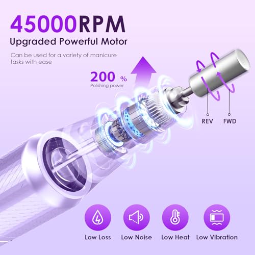 Professional Electric Nail Drill 45000RPM Cordless Nail File - color: Purple