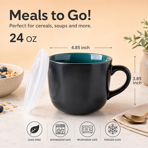 GBhome Ceramic Soup Mugs with Lid, 24 oz Soup Cups with Hanlde for Coffee,Cereal,Salad,Noodles,Tea,Soup Bowls Cups,Microwave &Dishwasher Safe, Set of 4, Multi-color with Vented lid - color: Multicolor