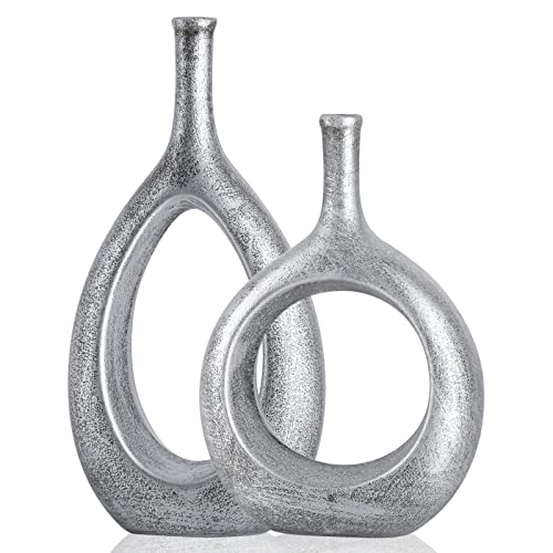 Silver Ceramic Hollow Elliptical Vase Set of 2 - Boho Circle Vase with Hole, for Modern Silver Table Decor, Living Room Decor Shelf mid Century Modern Home Entrance Decorative vase - color: Silver