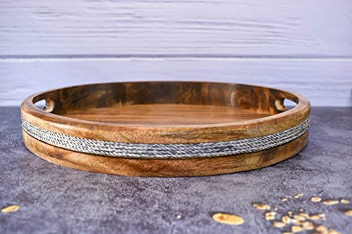 Round Acacia Wood Serving Tray with Handles for Serving Drinks, Tea Plate, Dessert Dinner Breakfast Plate (12 x 12 x 1.5 Inches) - color: Round Tray - 12 X 12 Inches