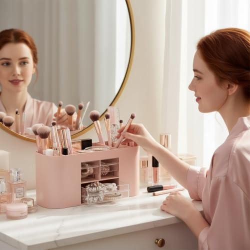 Makeup Organizer with Drawers, Vanity Storage Box, Pink - color: Pink, size: C