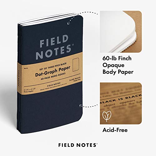 Field Notes 3-Pack Pitch Black Memo Books (3.5" X 5.5"), Dot-Graph, 48 Pages | Thin Pocket Sized EDC Notebook With 90 GSM Paper & Paperback Cover | Work Notebooks For Note Taking | Made in the USA - size: Small Size (3.5" x 5.5") 3-Pack - Dot-Graph Paper