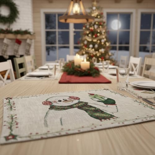DaDa Bedding Magical Snowman Placemats - Set of 4 Festive Holiday White Tapestry - Cotton Linen Woven Dining Table Mats - 13” x 19” (9733) - color: Snowman