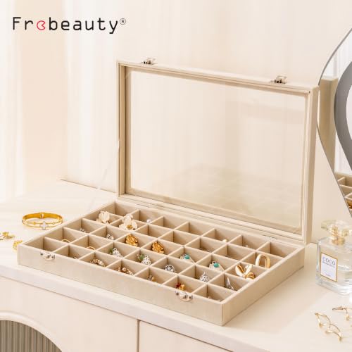 Frebeauty 35 Grid Earring Organizer,Velvet Jewelry Tray with Clear Lid - color: Beige, size: 35 Grid