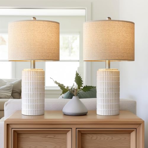 PoKat 23" Modern Ceramic Table Lamp Set of 2 for Living Room Bedroom, White - color: Beige and White