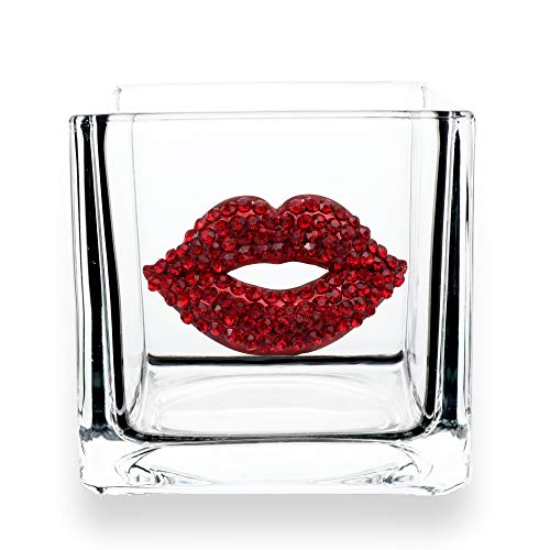 THE QUEENS' JEWELS Red Lips Jeweled 4x4 Candleholder Vase - Unique Gift for Women, Birthday, Cute, Fun, Not Painted, Decorated, Bling, Bedazzled, Rhinestone - color: Red Lips