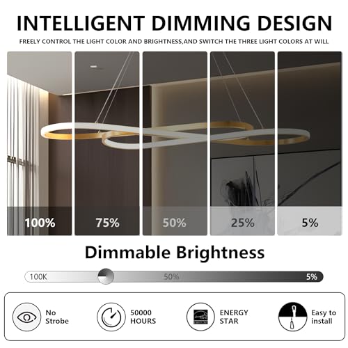 Gold Led Chandelier for Kitchen Island Lighting,Dimmable Modern Chandelier for Dining Room, L39.4" Modern Led Pendant Light Fixture Height Adjustable Brushed Gold Dining Room Light Fixture Over Table - color: Brushed Gold, size: 39.37in