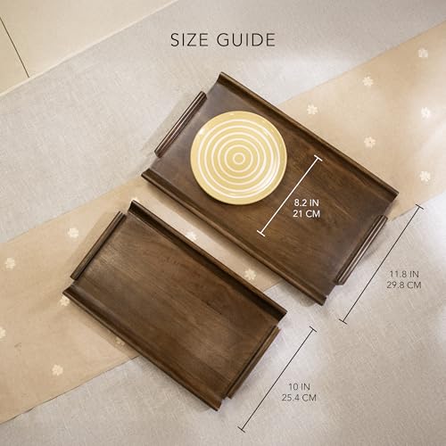 Ellementry Wooden Serving Tray Set – Decorative Tray for Coffee Table, Kitchen & Dining, Serving Platters, Breakfast & Snack Tray - color: Rhythm Brown