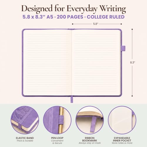 Lined Journal Notebook Hardcover Leather Bound 200 Pages A5 Purple Diary - color: Purple, size: A5 200 Pages