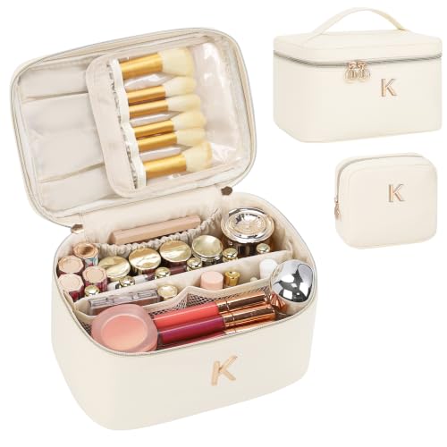 Custom Initial Cosmetic Bag 2‑Piece Set for Women Teen Girls, Beige K - size: K