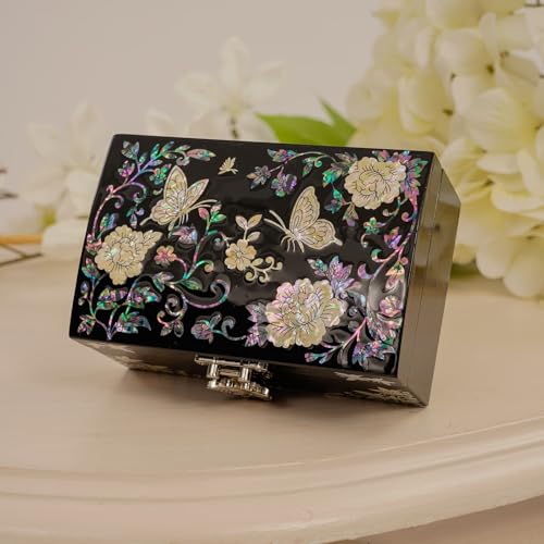 February Mountain Mother of Pearl Small Jewelry Ring Box - Gifts for best friends women, Thank you gifts, mom birthday gifts, Friendship Women Gifts Trinkets Keepsake Treasure box (Black-Butterfly) - color: Black-Butterfly