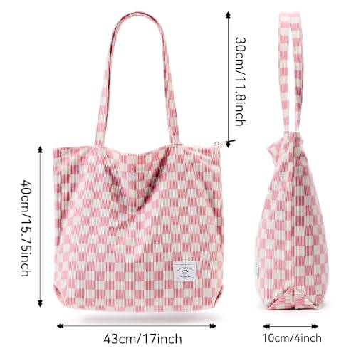 KALIDI Women Corduroy Tote Bag Zipper Casual Tote's Handbag Big Capacity Shoulder Bag with Pockets - color: Checkerboard Pink