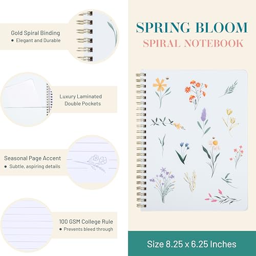 Happy Hoos® Aesthetic Spiral Notebook - 6.25" x 8.25" College Ruled Journal Notebook - Hard Cover Writing Journal for Work, School, Travel, More - Floral Notebook 8 Seasonal Designs(Spring Bloom) - color: Spring Bloom