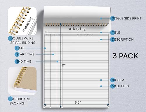 Better Office Products Activity Log Notepad, 8.5" x 11", Planning Note Pad, 50 Sheets, Double-Wire Spiral, Daily Time Tracking Productivity Checklist Organizer (3 Pack) - style: 3 Pack