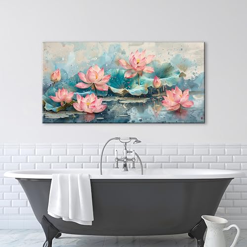 NAN Wind 1Pcs Pink Lotus Flowers Canvas Prints Wall Art Green Leaves and Blooming Water Lilies Framed Wall Decor Ready to Hang Nature-Inspired Floral Decorative Art for Living Room Bedroom Office - color: Pink Lotus-One Piece, size: 32"L x 16"W
