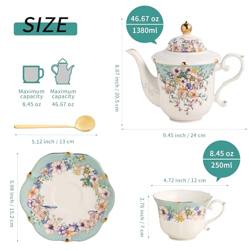 TATSUMI Country Roses Porcelain Tea Set, European Ceramic tea set for adults,Vintage Style, For Women and Tea Parties (Dutch Blue, 13 Pieces Set) - color: Dutch Blue, size: 13 Pieces Set