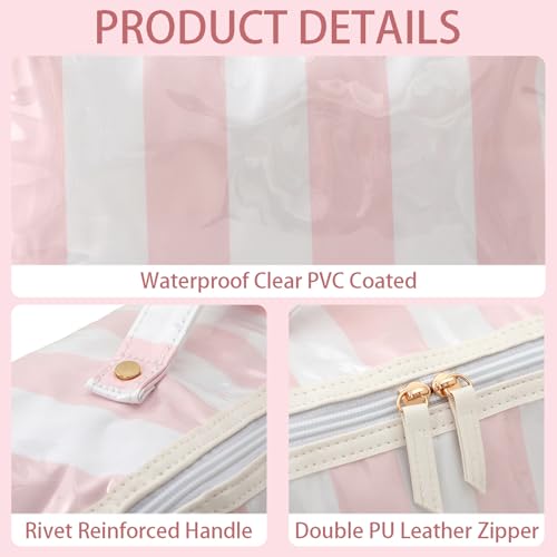 DYSHAYEN Travel Makeup Bag, White and Pink Striped - color: White-Pink