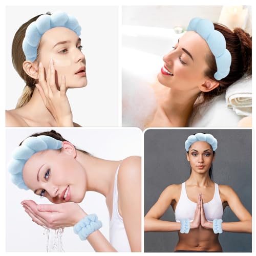 Zkptops Spa Headband for Washing Face Wristband Set Sponge Makeup Skin Care Terry Cloth Bubble Soft Get Ready Light Blue Hairband Women Girls Puffy Padded Headwear Non Slip Thick Hair Accessory - color: ZC Light Blue-2