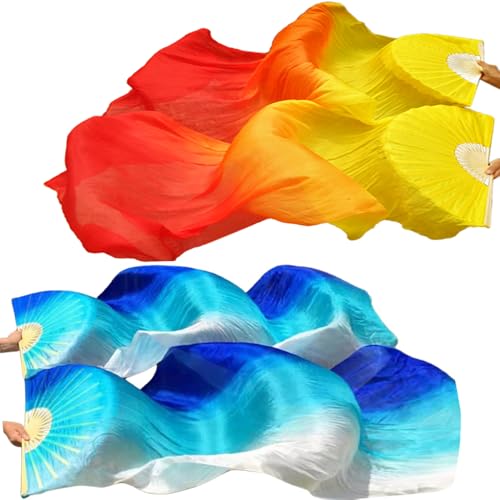 BRYCTSISEN Silk Belly Dance Fan Veil 2 Pairs Long Performance Folding Fan - color: Gradual Yellow+Gradual Blue