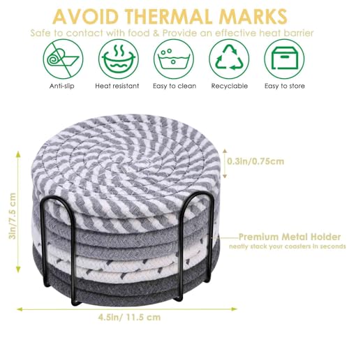 Drink Coasters 8 Pack with Holder, 4-Color Cotton Woven Absorbent Coasters Set, Minimalist 4.3in Cup Mat for Home Decor, Dining Table, Living Room, Tabletop-Protection for Coffee Beverage-Grey - color: Gray