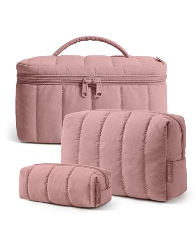 BAGSMART Travel Makeup Bag Set, 3 Pc Puffy Cosmetic Pouch, Dusty Rose - color: Dusty Rose