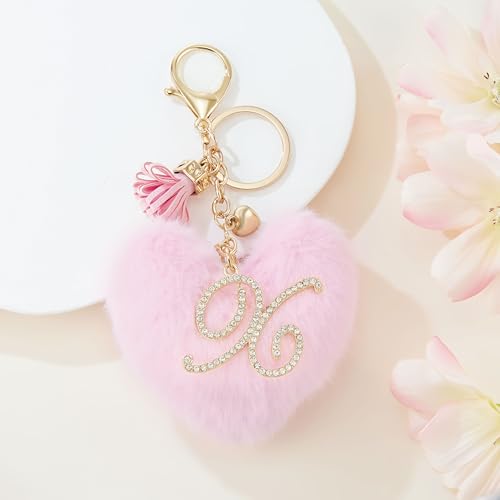 Initial Letter Heart Pom Pom Keychain for Women Pink Soft Fluffy Ball Key Ring for Purse Backpack Handbag - color: X