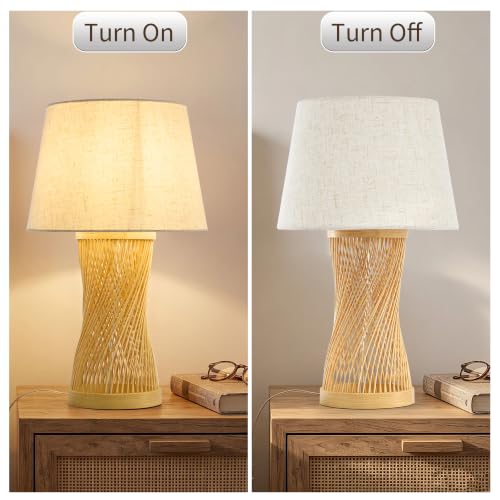 Boho Table Lamp, 17" Bamboo Bedside Lamp for Living Room