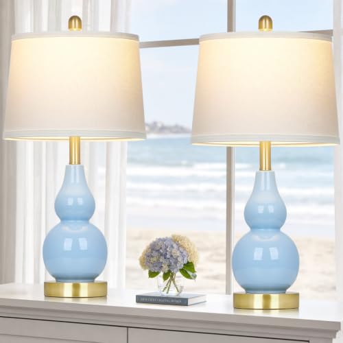 Rinweey 25" Tall Double Gourd Ceramic Lamps Set of 2, Coastal Bedside Lamps - color: Blue - 25"H