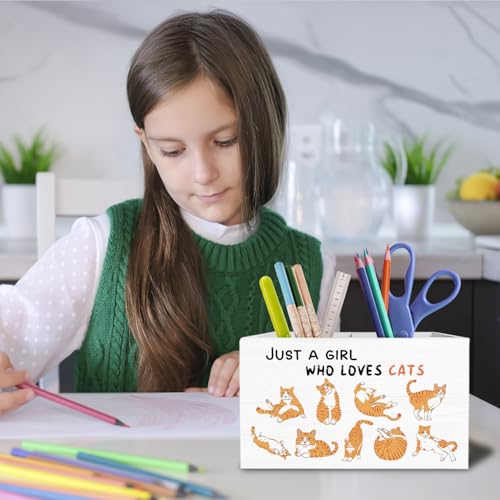 Cute Orange Cat Pen Holder for Desk, Cat Lover Mom Lady Owner Gifts Pencil Organizer, Just a Girl Who Loves Cats Wooden Box Sign Desk Decor for Girls Room Home Office Decoration - color: CUTE ORANGE CAT
