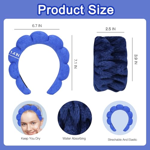 Beleki Spa Headband for Washing Face Wristband Set Sponge Makeup Skincare Face Washing Headband Terry Cloth Bubble Puffy Hairband Non Slip Headwear Hair Accessory for Women - Royal Blue - color: Royal Blue