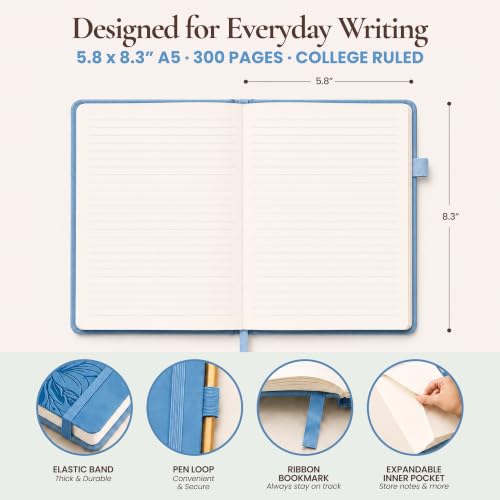 Lined Journal Notebook Hardcover Leather Bound 300 Pages A5 Blue Cute Diary - color: Blue, size: A5 300 Pages