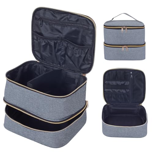 Double Layer Makeup Bag with Adjustable Dividers, Gray Gold - color: Grey Gold