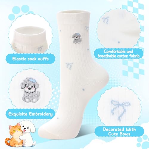 5 Pairs Women Embroidered Cotton Dachshund Socks Bow Cat
