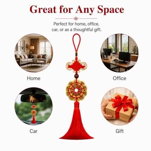 Feng Shui Coins with Red Chinese Knot, Lucky Coin Hanging Charm for Wealth and Good Fortune, Traditional Chinese Decor Ornament for Home, Car, Office
