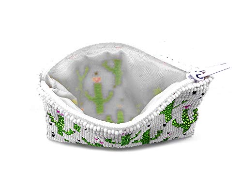 Multi Saguaro Cactus Pattern Czech Glass Seed Beaded Coin Purse Zipper Pouch - Womens Fashion Handmade Bags Boho Travel Accessories (White) - color: White