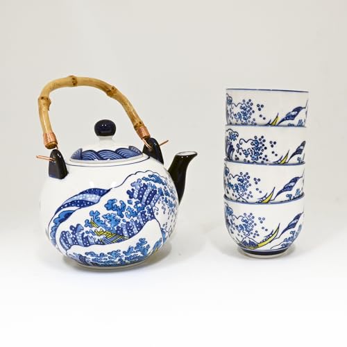 Urban Tokyo Hokusai Inspired Great Wave Porcelain Tea Set with Bamboo Handle, 30 oz Teapot with 4 Cups, Blue and White, Gift Box