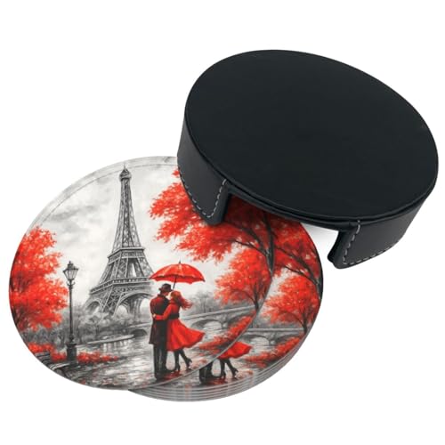 6 Pcs Leather Coasters for Drinks with Holder Red Eiffel Lovers Paris Coaster Sets Drink Table Cup Coasters for Kitchen Coffee Decor - color: Red Eiffel Tower Lovers