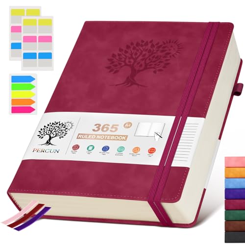 PERCUN A4 Lined Journal Notebook，365 Page Large Leather Journals for Writing Women Men，Hardcover Notebook with 100Gsm Thick Pages for Travel，Work，School，College Ruled, Daily Diary (8.5" x 11.4") - color: Wine red, size: A4