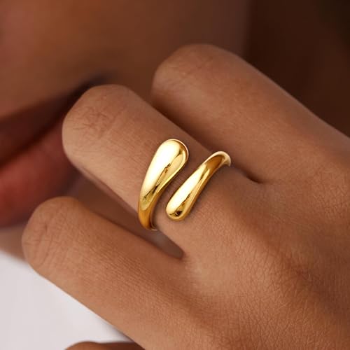 Non Tarnish Gold Chunky Rings for Women, 14K Gold Plated Statement Dome Rings Stacking Silver, Adjustable Mens Eternity Wedding Band Mixed Metal Jewelry Size 3-15 Half Size - color: Gold