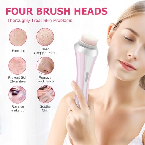 Facial Cleansing Brush, Electric Face Scrubber with 4 Brush Heads, Rechargeable USB Charging Dock, IPX4 Waterproof, 8000 RPM Dual Speed, Deep Cleansing & Exfoliation for All Skin Types (Pink) - color: Pink