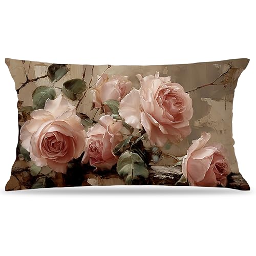 Vintage Pink Rose Floral Throw Pillow Covers Decor 12x20 Inch - color: A-rose-1, size: 20" x 12" (Pack of 1)